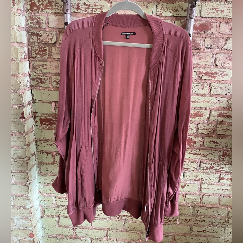 Charlotte Russe blush pink silky zip-up jacket with cotton pockets